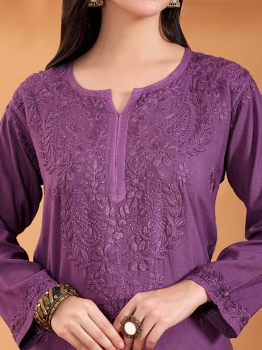 Image of POSHAK CHIKAN STUDIO Women's Hand Embroidered Lucknowi Chikankari Rayon Co-ord Set