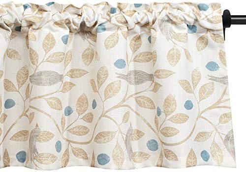 VOGOL Small Kitchen Valances, Birds and Leaf Print Window Valances for Living Room Bathroom Patio Sliding Glass Door Rod Pocket Valance Curtains 12 Inches Long, One Panel, 52x12