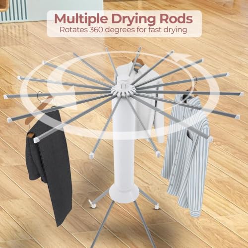 Image of TEX-RO Octopus Foldable Rotating Clothes Drying Rack, 360 Multi-Layer Laundry Drying Stand with Lockable Wheels, Heavy Duty Space Saving Cloth Dryer Stand for Home & Balcony, White