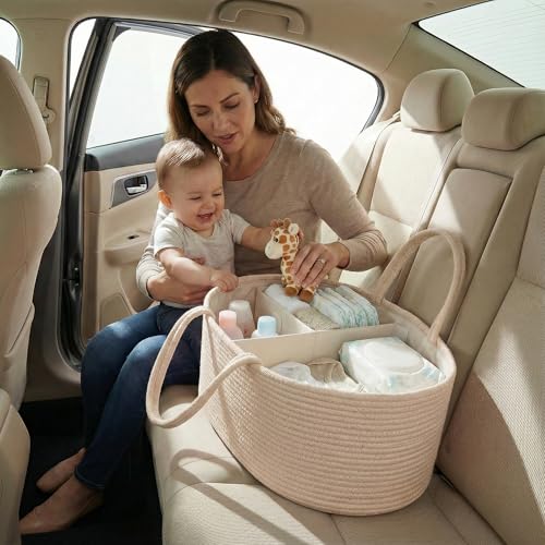 Image of luxury little Diaper Caddy Organizer, Large Cotton Rope Nursery Baby Basket, Changing Table Organizer for Baby Diaper Storage, Portable Car Organizer Removable Divider (Oatmeal, Large)