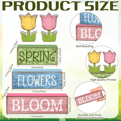 Image of Moucuny 4 Pcs Spring Table Decor Wooden Tulip Spring Tiered Tray Decor Flowers Table Centerpiece Decorative Colorful Tulip Block Signs Gift Farmhouse Flowers Decoration for Home Kitchen Shelf
