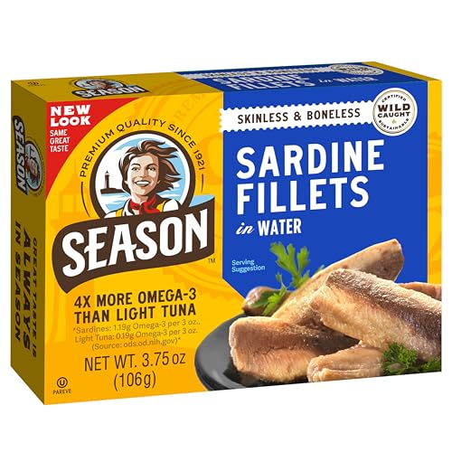 Season Sardines in Water – Skinless & Boneless, Wild Caught, 22g of Protein, Keto Snacks, More Omega 3's Than Tuna, Kosher, High in Calcium, Canned Sardines – 3.75 Oz Tins, 12-Pack