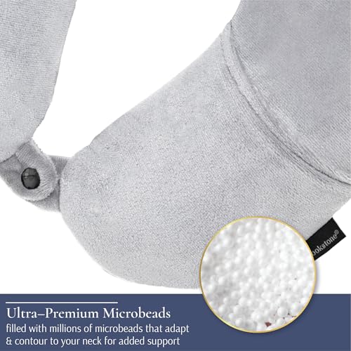 Image of Brookstone Microbead Neck Pillow - Super Soft Cozy Lightweight Plush Travel Pillow with Phone or Headphone Pocket, Grey