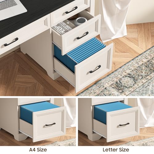 Image of Vabches Farmhouse Executive Desk with 4 Drawers and Storage Cabinet, Rustic Large Home Writing Desk with Hutch, Workstation for Bedroom, Black.