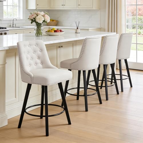 Butacos giratorios de barra, set de 4 unidades, con respaldo acolchado y tapizado en lino, altura para barra (25''), diseño moderno para isla de cocina o bar en casa, color beige miniatura 1
