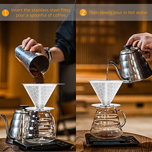 Foxas Pour Over Coffee Dripper Filter, Reusable Stainless Steel Metal Pour Over Coffee Maker Cone,Paperless Permanent Coffee Strainer,Coffee Mesh Filters For 1-4 Cup With Base And Cleaning Brush #TOP5
