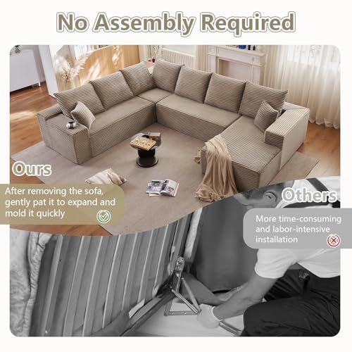 Image of Sectional Cloud Couch with L-Shape Chaise, Modern Modular Comfy Sofa with Deep Seat, Upholstered Corduroy Couches Stupendous U Shaped Sofas for Living Room Bedroom, No Assembly Required, Camel