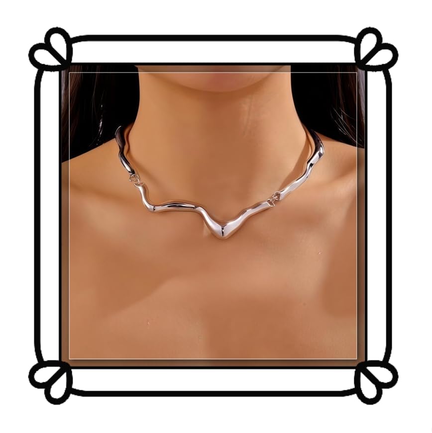 Collier ras du cou moderne ondulé argenté au design géométrique épuré
