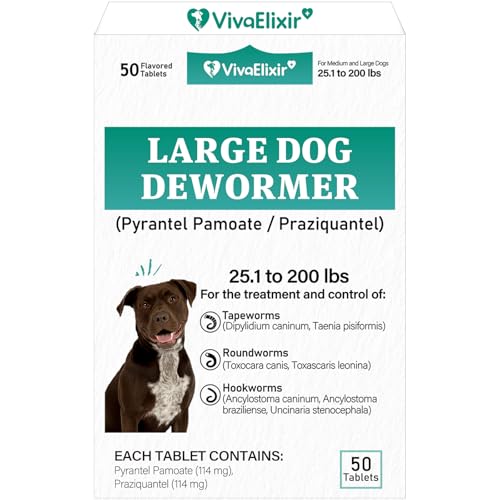 De-Wormer for Dogs, Oral Treatment for Tapeworm, Roundworm & Hookworm in Large Dogs & Puppies (Over 25 lbs), Worm Remover (Praziquantel & Pyrantel Pamoate), 50 Tablets