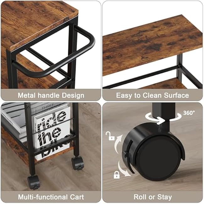 Narrow Storage Cart with Wheels, 4-Tier Narrow Kitchen Carts Slim Rolling Cart, Skinny Storage Cart, Snack Cart Slim Laundry Carts with Handle for Livingroom, Diningroom, Office£¨Rustic Brown, Black£©-p44Wi3hr