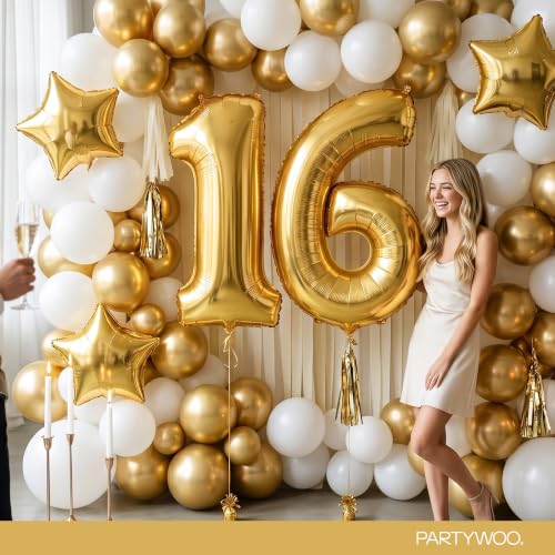 Image of PartyWoo Metallic Gold Number 1 Balloon 40 Inch 25pcs Gold Foil Star White