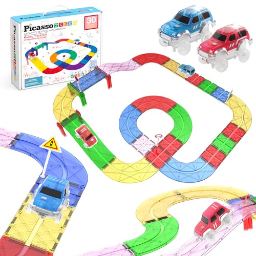 PicassoTiles Magnetic Tiles Race Track Car Thrilling Toy Playset Includes 2 Racing Trucks STEM Educational Magnet Tile Building Block Construction Set...