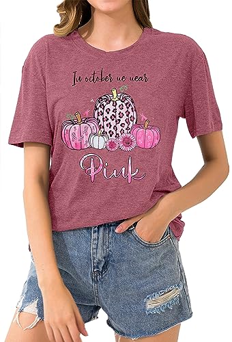 Women in October We Wear Pink Shirts Breast Cancer T-Shirt Pumpkins Graphic Casual Halloween Tops3