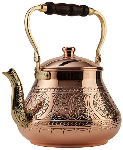 DEMMEX Large Copper Teapot, 1mm Thick, Engraved, Handcrafted in Turkey, 3.1 Quarts (2.9L)