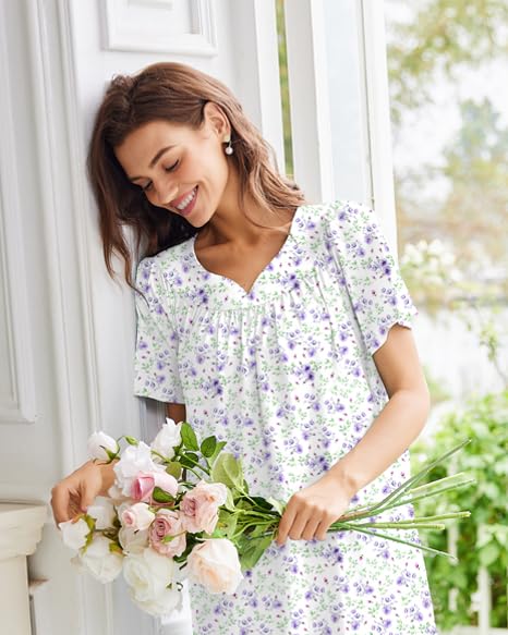 Ekouaer Nightgowns for Women Cotton Nightgown House Dress with Pockets Short Sleeve Mumu Dress Embroidered Lounge Dress2