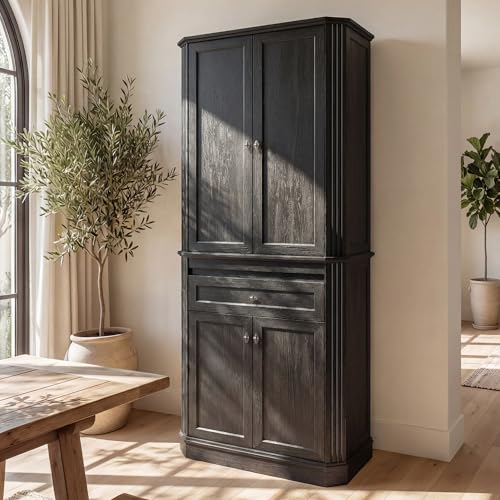 Image of 72.2 inch Tall Kitchen Pantry Cabinet with Doors, Farmhouse Storage Cabinet with Charging Station & LED Light, Drawer, Adjustable Shelves and Pull-Out Shelves, Black Wood Pantry Cupboard for Dining Room