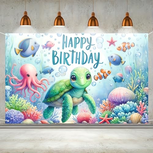 Image of HOMETITUTE Under the Sea Birthday Banner 71x43 Inch Turtle Party Decor