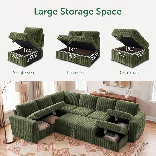 Image of HONBAY Plush Corduroy Modular Sectional Sofa with Pull Out Bed, Convertible U Shaped Couch with Storage,Sleeper Sectional Couches for Living Room,Plush Green