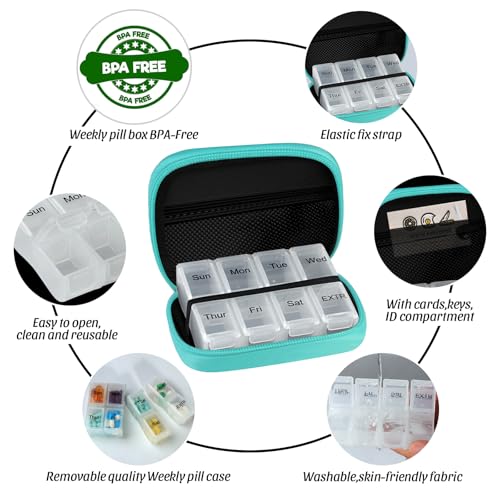 Image of Pill Case Weekly Travel Pill Organizer for Purse with Removable 7 Day Pill Box Premium Neoprene Pill Container for Travel Purse Accessory, Vitamin, Supplement, Small Pieces Arrangement-Green
