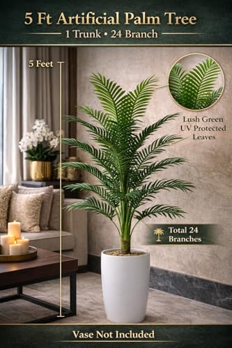 Image of KAYKON 5 Feet Artificial Palm Tree 24 Branch - 1 Trunk Realistic Faux Palm Plant for Home Decor, Office, Hotel, Living Room Decoration (Vase Not Included)