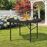DWVO Heavy Duty 48 Inch Round Folding Table Black Plastic Outdoor Indoor Portable Banquet Setup Ideal for Parties Camping BBQ Events Garden Gatherings with Sturdy Metal Frame and Easy Storage Design