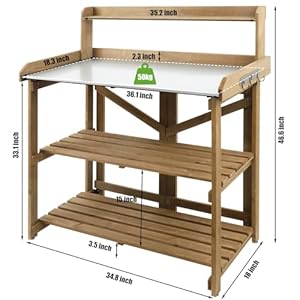 Folding Garden Potting Bench TableOutdoor Wooden Work Station WMetal Table Top2 Tier Open Storage RackTop Shelf Natural Stained