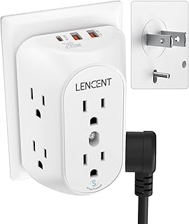 LENCENT 2 Prong Power Strip, 3 to 2 Prong Grounding Adapter, 6 Outlet PD20W & 2 USB A Port, 1728J Surge Protector, 3-Sided Wide Spaced Extender, Polarized Plug, Wall Mount for Non-Grounded Outlet