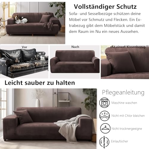 NAKIHOUSE Dicke Samt Sofa Überwürfe Sofabezug mit einem Kissenbezug, Superweicher Elastische Sofa Abdeckung in Kaffee Farbe für 1/2/3/4 Sitzer（L-förmiges Ecksofa erfordert Zwei）