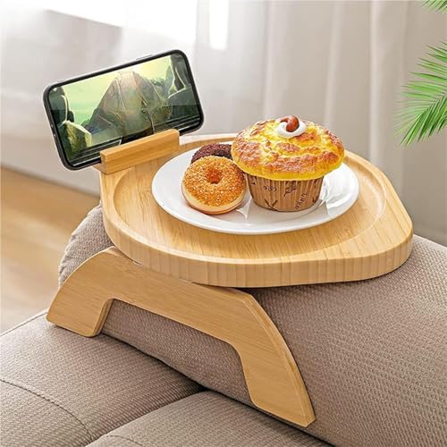 Bandeja for brazo de sofá, mesa for brazo de sofá, bandeja for sillón, 1 bandeja de madera for sofá con soporte for teléfono móvil - Caja de refrigerios plegable portátil for frutas y refrigerios - Re