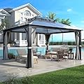 Howsvn 12'x14' Hardtop Gazebo, Outdoor Polycarbonate Double Roof Gazebos with Netting and Curtains, Heavy Duty Metal Pavilion for Patio, Backyard, Deck and Lawn