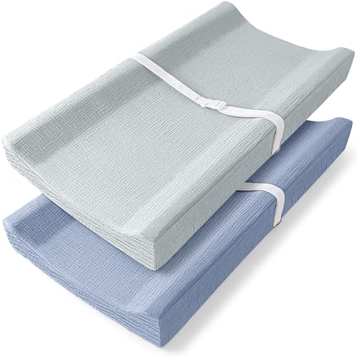 Image of Bearmoss Changing Pad Cover, 2 Pack Muslin [100% Cotton] Diaper Changing Table Covers, 32'' x 16'' Soft Breathable Changing Pad Sheets for Unisex Baby Girls and Boys with Strap Holes (Mint Gum)