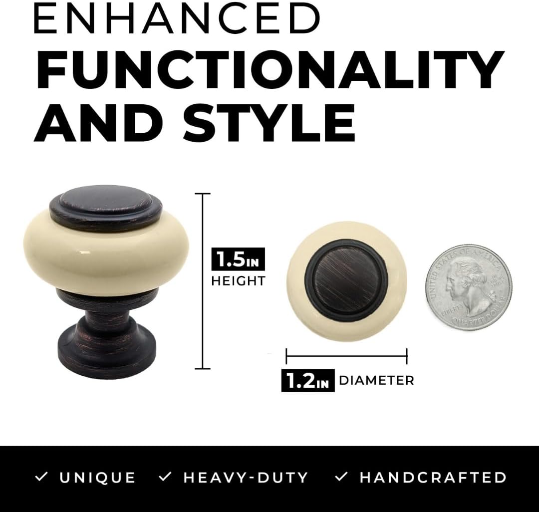 20 pcs Oil Rubbed Bronze Cabinet Knobs with Beige Ceramic Accent for Cabinets, Drawers, Dressers, Vanities, Closets