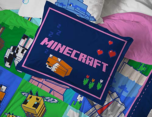 Image of Minecraft Full Size Comforter Set 7 Piece Kids Bedding for Girls, Multi | Bed in a Bag, Comforter Sheets Shams Pillowcases, Official Brand, Soft Microfiber, Machine Washable, Girls Gift