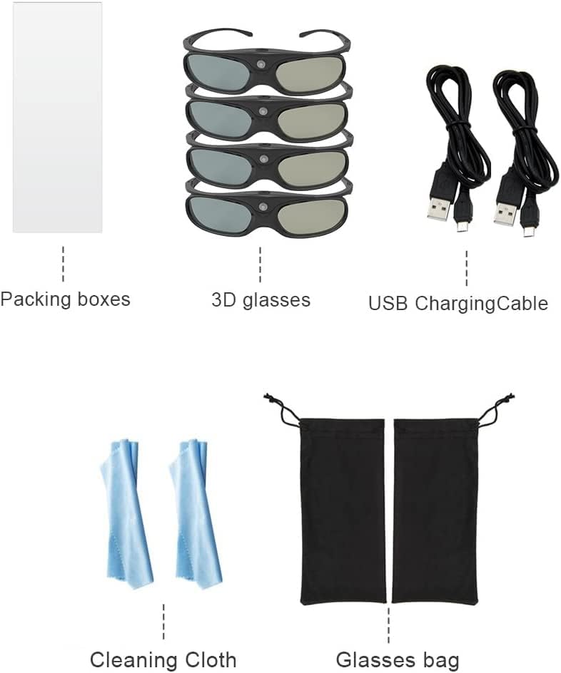 Diagram showing all items included in the ELEPHAS 3D glasses package