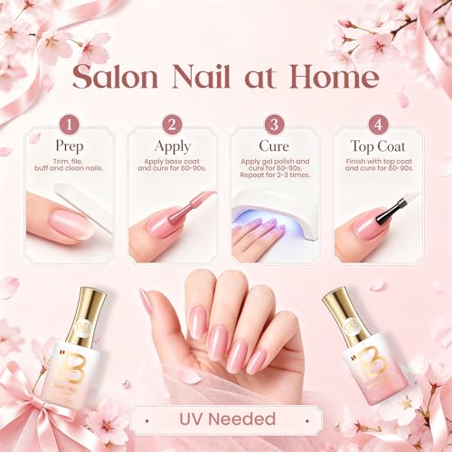 Image of Beetles Nude Pink Gel Nail Polish - Sakura Sparkle 15ML Neutral Jelly Pink Nail Polish Base Color Nail Concealer Sheer Translucent Effect Soak Off UV LED French Nail Art Salon DIY Manicure Gifts