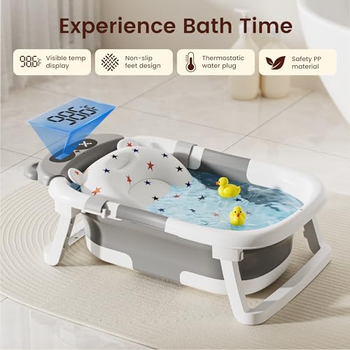 Image of Baby Bathtub,Foldable Baby Bath Tub for Newborn to Toddler (0-18 Months) - Collapsible Infant Tub for Travel with Thermometer, Soft Cushion,Grey