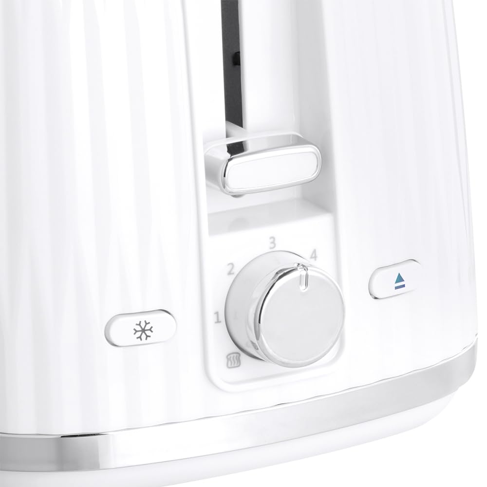Russell Hobbs Tostapane 2 Fette (6 Gradi di Doratura, con Pinze, Scongela, Riscalda, Cancella Selezione, Vassoio Raccogli Briciole, Riscalda Panini Incluso, Esterno Testurizzato) Eden Bianco 27370-56
