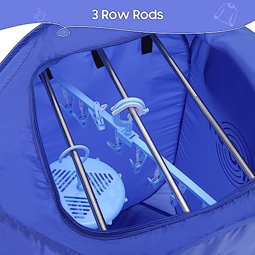 Jarak dekat view inside the blue drying cabinet showing three metal support rods and a blue hanger with clips attached.