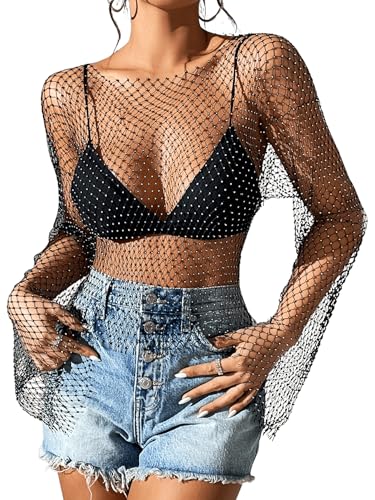 Floerns Women's Fishnet Rhinestone Sheer Bell Long Sleeve Cover Up Crop Top Party Club Blouse Tops - Main Image