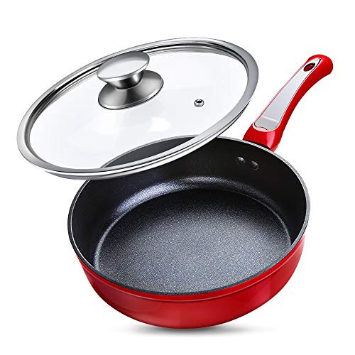 SHINEURI 9.5 inch Frying Pan with Lid, Nonstick Fry Pan with lid, Non-stick Stir Fry Pan with Lid, Cast Iron Pan with Lid, Nonstick Skillet with lid, Cast Iron Skillet Saute Pan, Induction Compatible