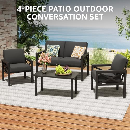 Image of NATURAL EXPRESSIONS Outdoor Patio Furniture 4 Pieces Set, Modern Patio Conversation Sets, Outdoor Sectional Metal Sofa with 5.5 Inch Cushion and Coffee Table,Black