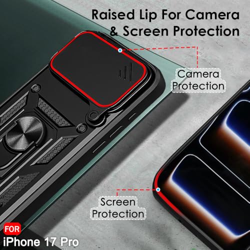 Image of TheGiftKart Tough Armor Bumper Back Cover Case for iPhone 17 Pro | Rotating Camera Cover, Kickstand & Ring Holder | 360 Degree Protection Back Cover Case for iPhone 17 Pro (PC & TPU, Black)