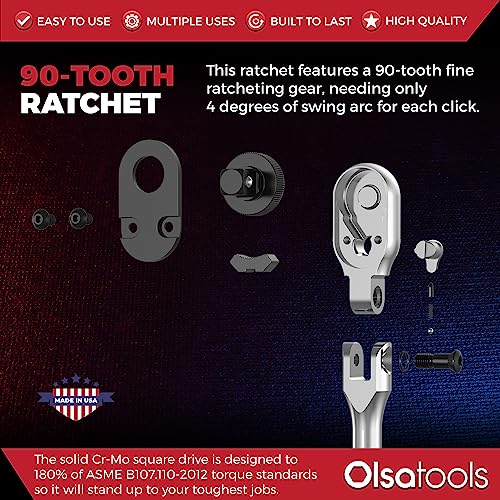 Olsa Tools Flex Head Ratchet 1313 | 3/8" Drive, 12" Long | Made In Usa | 180 Degree Flex Head Ratchet | 90 Tooth Socket Wrench | Chromium Molybdenum (Cr-Mo) Steel | Designed For Professional Mechanics #TOP2