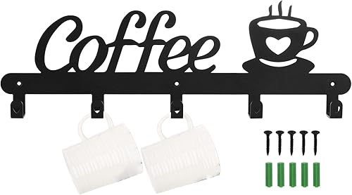 TOPZEA Soporte para taza de café montado en la pared, estante de metal para tazas con 5 ganchos para almacenamiento de tazas, organizador colgante