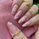 RikView Almond Press on Medium Pink Nails with Flowers Design - Glossy Full Cover Fake Nails for Women - 24 PCS