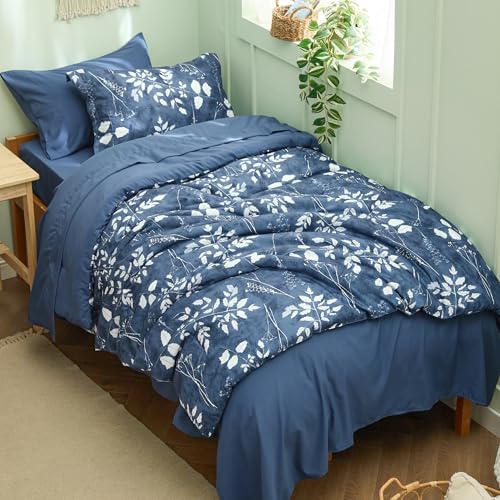 Image of Bedsure Floral Navy Comforter Set, Twin-XL Bedding Sets, Dorm, 5 Piece