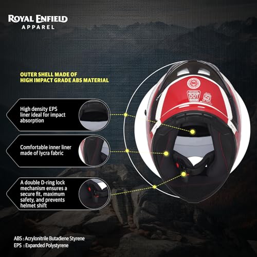 Image of Royal Enfield SPEEDX Full FACE Blitz with Sun Visor & aerodynamic Spoiler | Certification: ISI & DOT |Liner: Dual EPS Expanded Polystyrene| UV Treated Surface | Polygiene Fabric White &RED (L) 60 CM