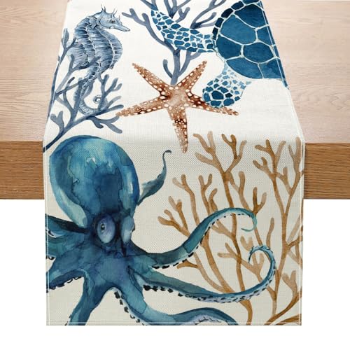 Chemin de table imprimé vie marine - Créatures océaniques d'été - Décoration en polyester - Pieuvre, étoile de mer, coquillages - Petite nappe pour...