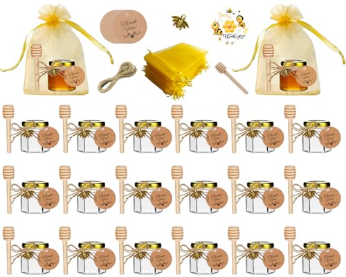 Hapneyea 20 paquetes de latas de miel de vidrio de 1,5 onzas con cucharas,colgantes de abejas,bolsas de regalo,tarjetas de agradecimiento,pegatinas   adecuadas para regalos para bebés,bodas y fiestas