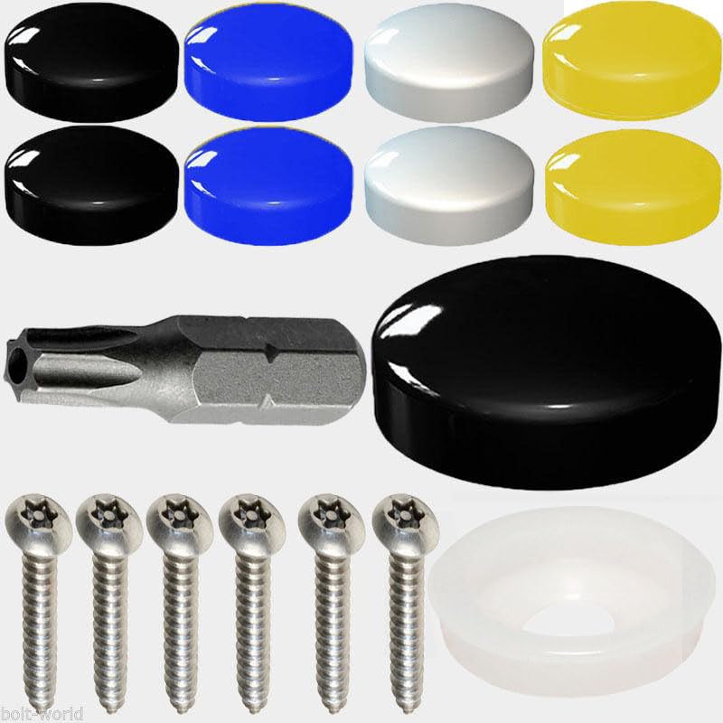 17 x Number Plate Fixing Security Screws Cover Kit BLACK White Yellow Blue Snap Caps